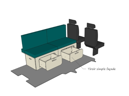 Module ID-PEIGNE M : vue 3D avec deux tiroirs façade, aménagement van par ID CAMP