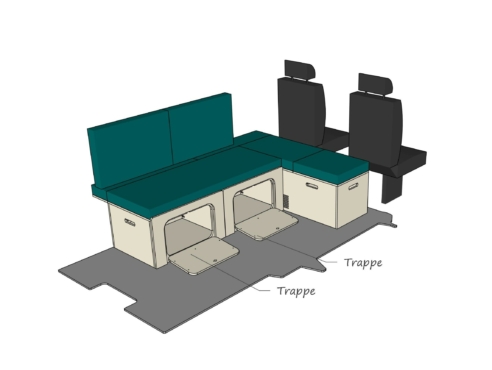 Module ID-PEIGNE S : vue 3D de deux trappes, aménagement van par ID CAMP