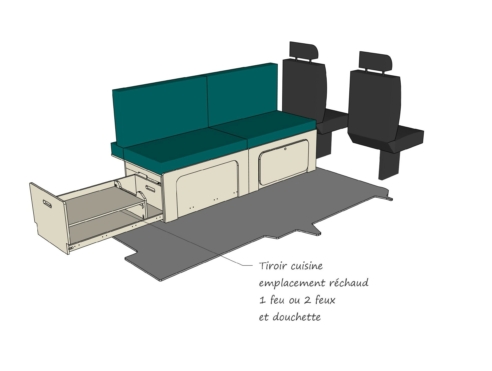 Module ID-PEIGNE M : vue 3D avec un tiroir arrière, aménagement van par ID CAMP